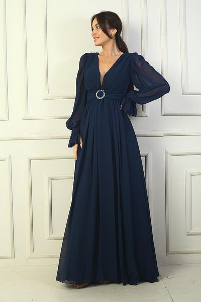 By Saygı Rochie de seară lungă din șifon, cu decolteu în V, cu cataramă în talie