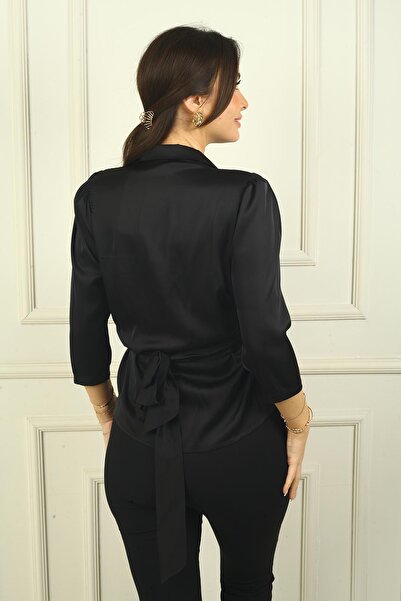 By Saygı Women's One Side Sequin Waist Lace-Up Short Sleeve Satin Blouse