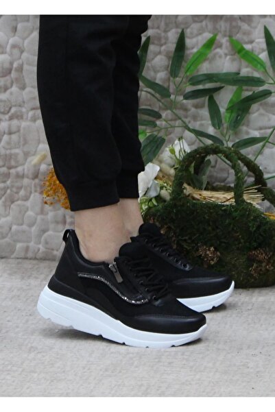 Flet SİYAH FERMUARLI BAĞCIKLI TAŞLI RAHAT YUMUŞAK KADIN SPOR AYAKKABISI