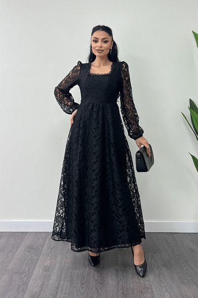 giyimmasalı Guipure Lace Fabric Square Neck Dress - Black
