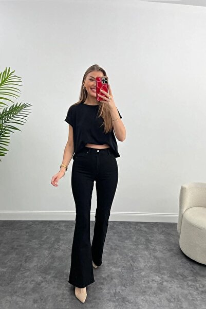 mooishan Pamela γυναικείο μαύρο ισπανικό τζιν παντελόνι με ψηλόμεσο επιπλέον ...