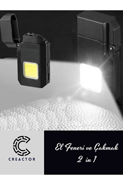 CREACTOR Siyah Gazsız Rezistanslı Elektrikli USB Şarjlı Çakmak Mini Cob El Fe...