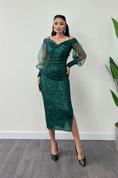 giyimmasalı Sequin Sequin Fabric Boat Neck Pencil Dress - Zimrute Green