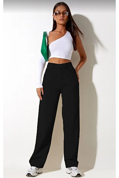 mooishan بنطال باميلا ليكرا نسائي أسود فائق الخصر فضفاض من قماش الدنيم بنطال ...