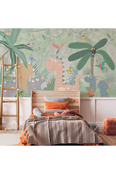 Tasarım Dinazorlar ve Tropikal Hayvanlar Çocuk Odası Duvar Kağıdı