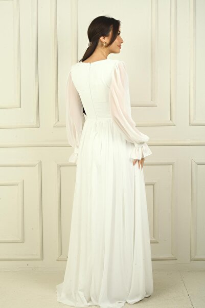 By Saygı Women's V Neck Waist Buckle Lined Chiffon Long Evening Dress