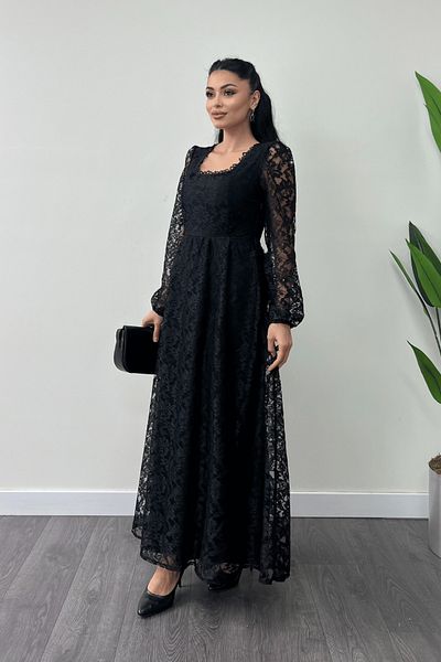giyimmasalı Guipure Lace Fabric Square Neck Dress - Black