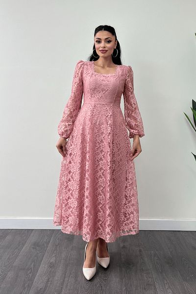 giyimmasalı Lace Fabric Square Neck Midi Dress Dress - Pudra