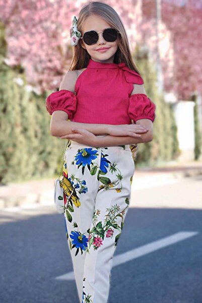 Riccotarz Girl's Parrot Printed Trousers Off-the-Shoulder Balloon Sleeve Detailed Fuchsia Blouse Top and Bottom Set