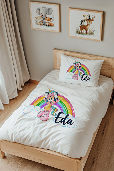 Lilabio İsme Özel Tek Kişilik %100 Pamuk Nevresim Takımı (160X220 CM) Minnie