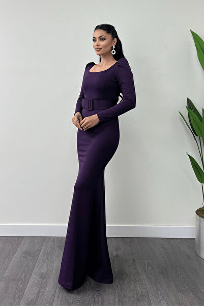 giyimmasalı Rochie detaliată cu curea din stofă creponată pește - mov vinete