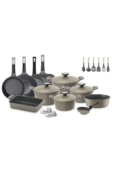 NEOFLAM ,POTE,Cooking Set of 25Pcs,Cast Aluminum,Nonstick Ecolon Coating,Warm Marble