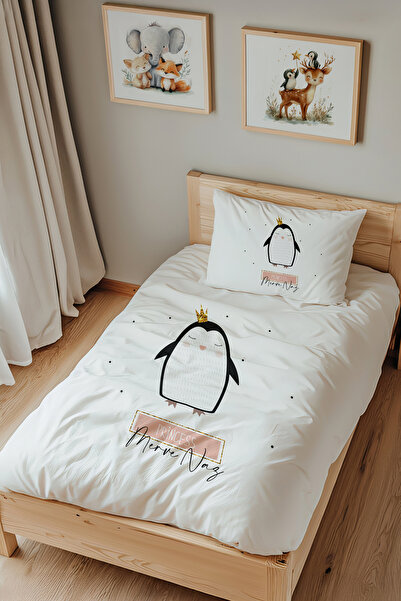 Lilabio İsme Özel Tek Kişilik %100 Pamuk Nevresim Takımı (160X220 CM) Penguen