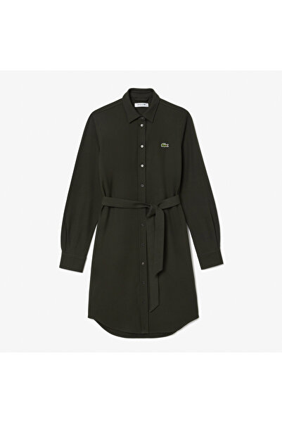 Lacoste Kadın Slim Fit Uzun Kollu Polo Yaka Haki Elbise