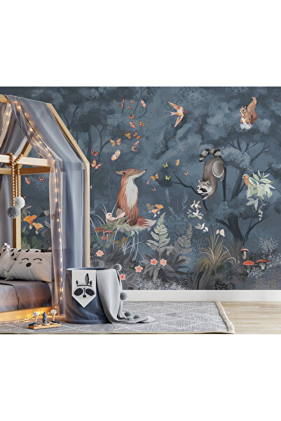 Tasarım Gece Orman Tilki ve Oyun Arkadaşları Çocuk Odası Duvar Kağıdı