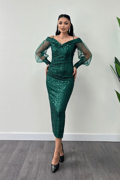 giyimmasalı Sequin Sequin Fabric Boat Neck Pencil Dress - Zimrute Green