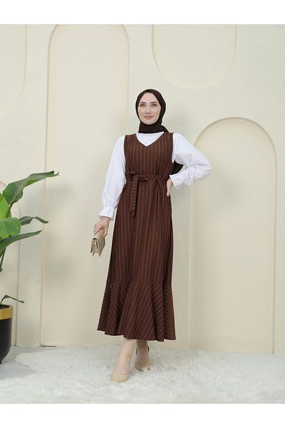 Modamorfo Gilet-Set – Hemd mit Streifen und Taillengürtel – Braun