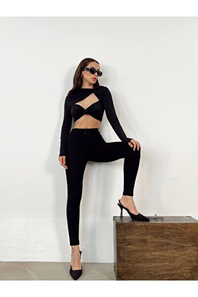 mooishan Pantaloni strânși și strânși cu talie înaltă de culoare neagră 07147