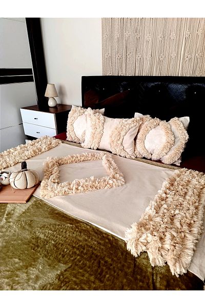 Kubrahobi Model Ecru Color Bed Wrap Bedspread with Bohemian Pompom