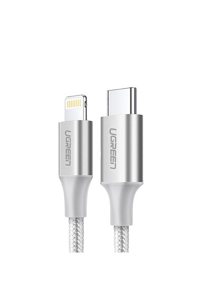 Ugreen كابل شحن ومزامنة بيانات مضفر من الألومنيوم USB-C إلى Lightning بطول 1 متر - فضي