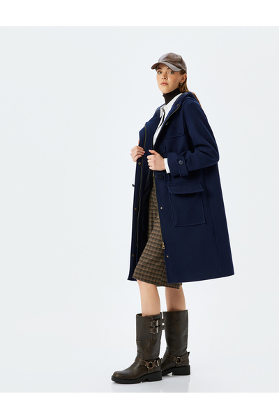 Koton Palton lung, cu glugă, cu fermoar, cu buzunar cu nasturi