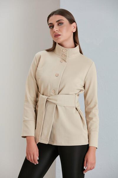 nurneva Kadın Beli Kuşaklı İki İplik Kum Renk Sweatshirt Ceket