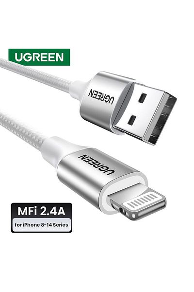 Ugreen كابل USB إلى Lightning مضفر من Alu Case بطول 2 متر - فضي
