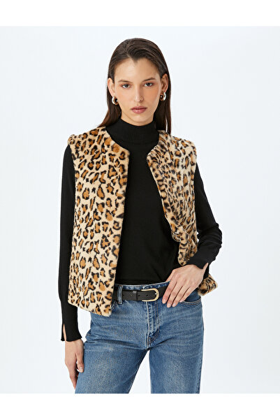 Koton Yuvarlak Yaka Kolsuz Leopar Desenli Suni Kürk Yelek