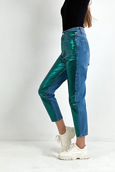 Miss Poem Γυναικείο τζιν φαρδύ ψηλόμεσο Mom πράσινο τζιν παντελόνι