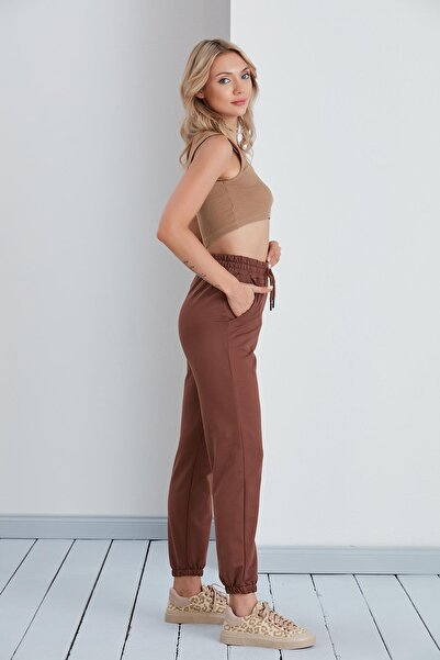 nurneva Γυναικείο μοντέλο βασικής φόρμας με ελαστικό πόδι, καφέ χτενισμένο βαμβακερό παντελόνι με κορδόνι μέχρι τον αστράγαλο