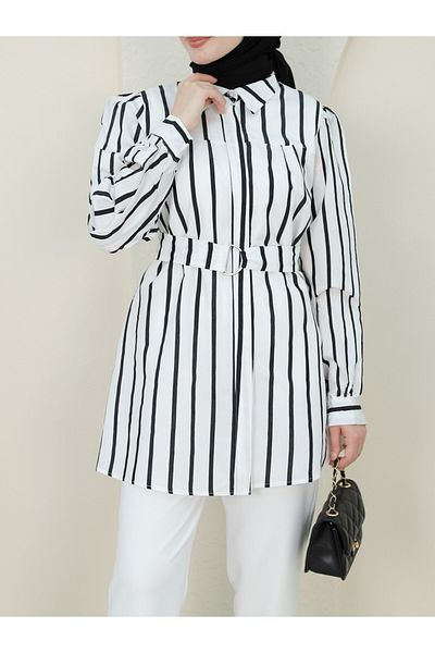 Modamorfo Thick Striped Buckle Belted Shirt -White
