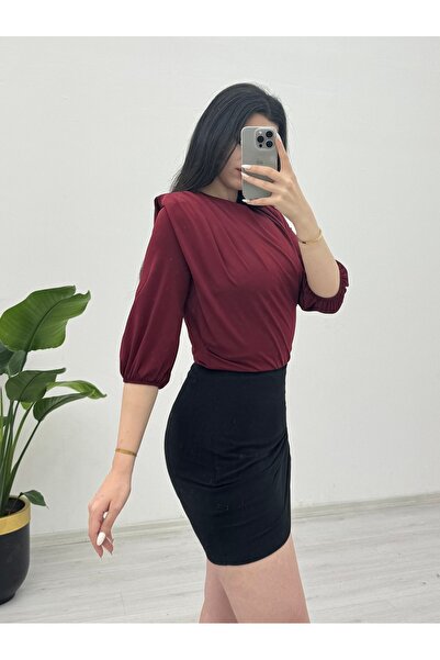 Modamorfo Sendy Blouse with Shoulder Gathered Padded Jumpsuit - Burgundy