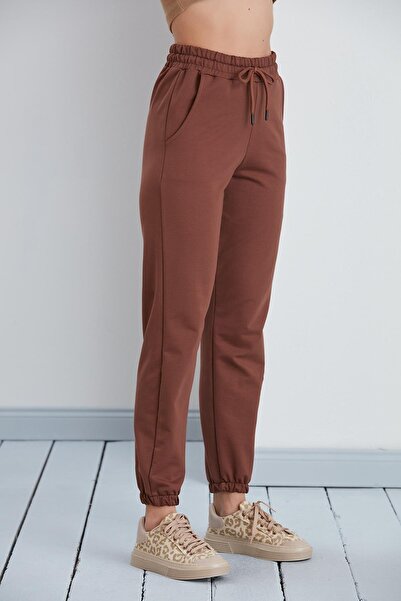 nurneva Γυναικείο μοντέλο βασικής φόρμας με ελαστικό πόδι, καφέ χτενισμένο βαμβακερό παντελόνι με κορδόνι μέχρι τον αστράγαλο