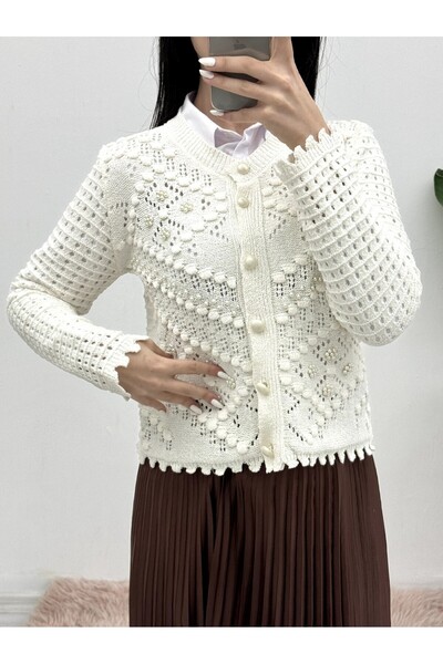 Modamorfo Pearl Detailed Buttoned Pompom Cardigan -White