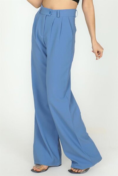 Sılversun Women's Relaxed Fit Wide Leg High Waist Classic Model Indigo Color Fabric Trousers