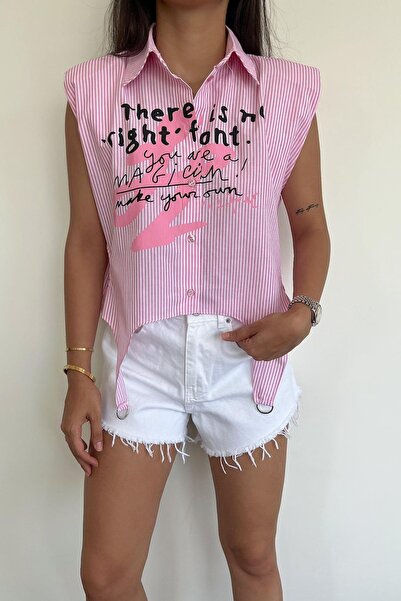 misigo FRONT PRINTED ZERO SLEEVE SHIRT WITH PADDY SHOULDERS PINK