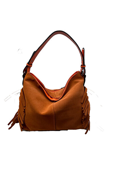 HBS ÇANTA ORANGE Hakiki Deri Süet Püskül Detaylı Kadın Omuz Çantası