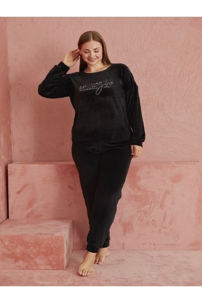 CALİA Set de pijamale de damă din catifea oversize, negru, mărime mare, NOU SEZON