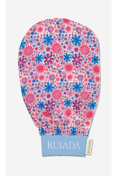 RU RUIADA Turquoise - 100% Flush Silk, +50 Factor Bath Shower Pouch Exfoliating Gloves (Flowers Series)