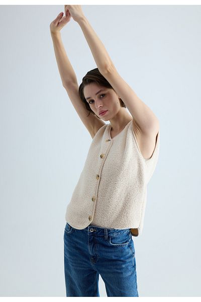 TUBİA Women's Stone Color Buttoned Plush Vest