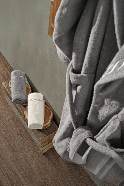 Doqu Home Helena Bornoz + Yüz Havlusu S/M-L/XL Ekru-Gri