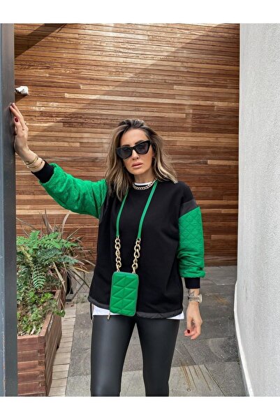 Genel Markalar Twist Model Kolları Yeşil Kapitone Sweatshirt-siyahyeşil
