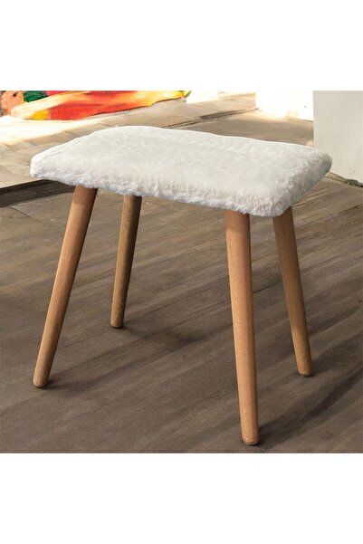 Taşkale Gürgen Ahşap Retro Ayak Dekoratif Krem Pelüş Puf Tabure Bench Koltuk Sandalye