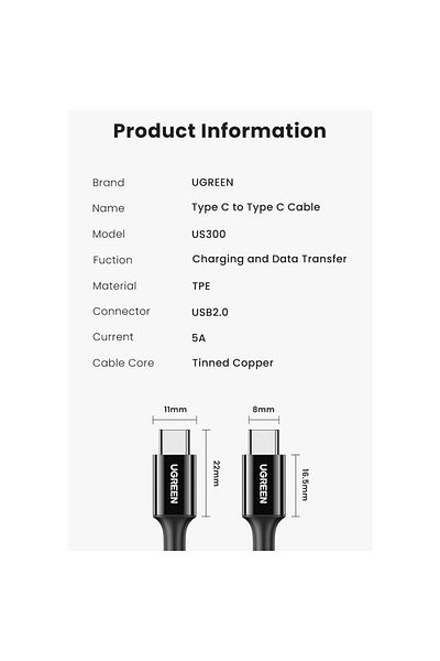 Ugreen USB 2.0 Type-C Male to Male Cable 5A 1m - White