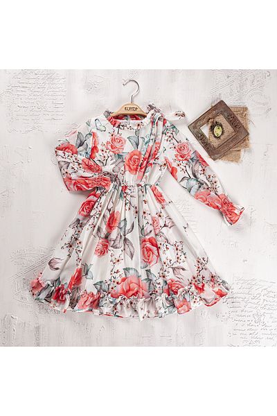 Elayza Sleeves with Stripes Skirt with Rubbed Waist Elastic, Lined Birds Chiffon Dress