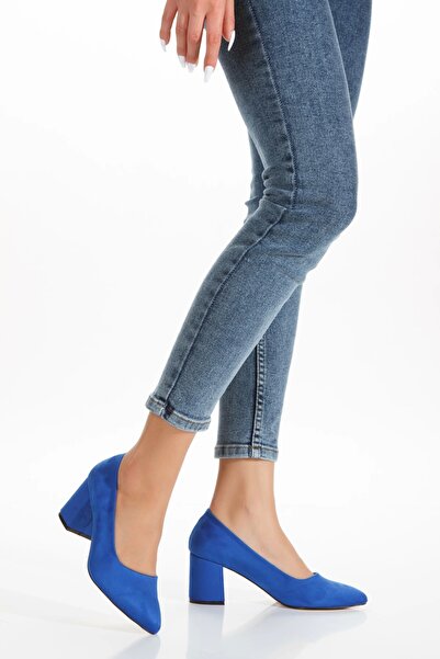 MFT AYAKKABI Сині замшеві жіночі туфлі на товстих підборах Gunluk Design