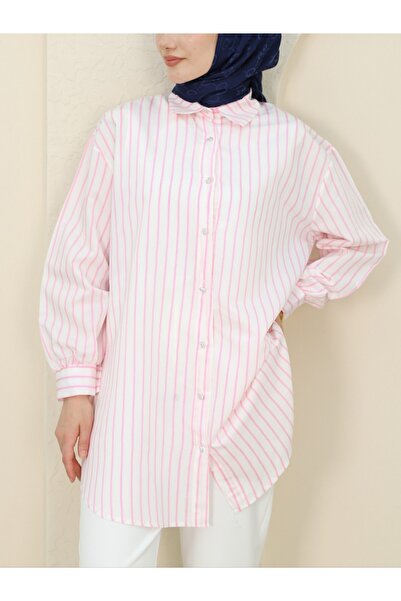 Modamorfo Thin Striped Stone Buttoned Loose Shirt -Pink