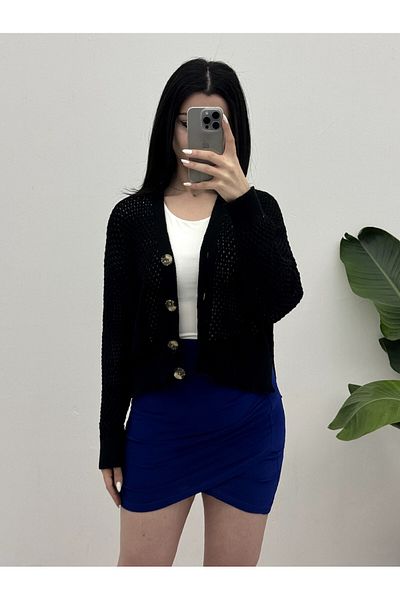 Modamorfo Openwork Bone Buttoned Slit Cardigan - Black