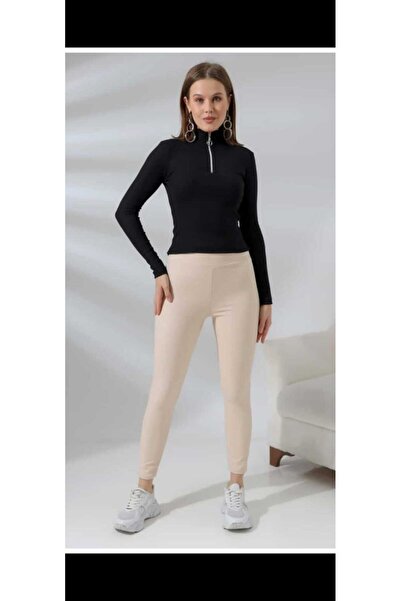 Azra Kadın Siyah Önü Fermuarlı Fitilli Yarım Balıkçı Crop