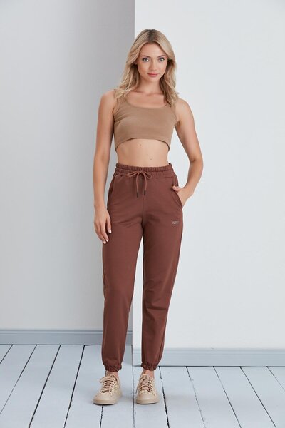 nurneva Γυναικείο μοντέλο βασικής φόρμας με ελαστικό πόδι, καφέ χτενισμένο βαμβακερό παντελόνι με κορδόνι μέχρι τον αστράγαλο